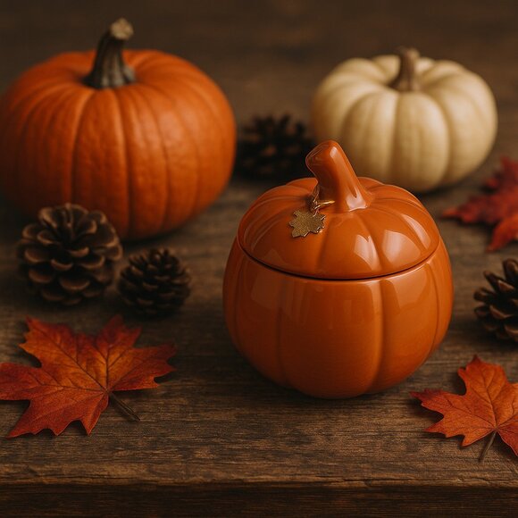 Sugared Pumpkin Ceramic Candle with Lid – Rustic Farmhouse Fall Decor Candle Jar - Picture 2 of 2